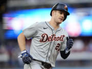 Detroit Tigers designated hitter Mark Canha (21) runs to third base during the second inning against the Toronto Blue Jays