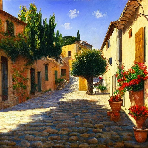 a traditional Mediterranean town in the street of a small village on the Riviera. a terrace in the shade of a hundred-yyear-oold olive tree; a friendly atmosphere around pizzas and rose wine. dolce vita. unreal engine rendering, hyper-realist, ultra-detailed, oil painting, warm colors, happy, impressionism, Da Vinci, style of Garri Bardin --ar 2:3