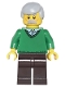 Minifig No: cty0330  Name: Green V-Neck Sweater, Dark Brown Legs, Light Bluish Gray Male Hair