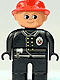 Minifig No: 4555pb251  Name: Duplo Figure, Male Fireman, Black Legs, Black Top with Flame Logo, Red Fire Helmet, no Moustache