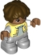 Minifig No: 47205pb086  Name: Duplo Figure Lego Ville, Child Boy, Light Bluish Gray Legs, Bright Light Yellow Jacket with Number 1, Dark Brown Hair (6361834)