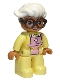 Minifig No: 47394pb283  Name: Duplo Figure Lego Ville, Female, Bright Light Yellow Suit with Bright Pink Apron, Dark Brown Glasses, White Hair (6294294)