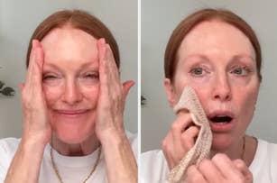 Julianne Moore demonstrates a skincare routine: left image shows her rubbing face with hands, right image shows her wiping face with a cloth