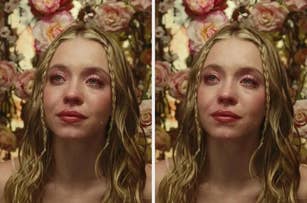 Sydney Sweeney with tears on her face and wet hair, standing in front of a floral background