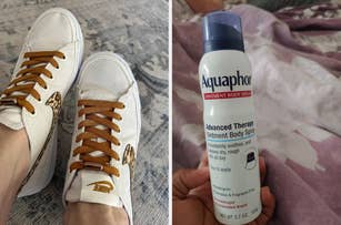 Left side: Person's feet in Nike sneakers with animal print accents and brown laces. Right side: Aquaphor Ointment Body Spray is on a floral-patterned fabric background