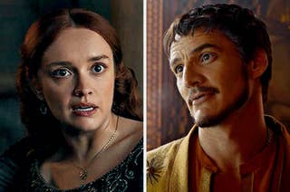 Olivia Cooke and Pedro Pascal in character, shown in two separate scenes from different productions. Cooke appears surprised and Pascal appears thoughtful