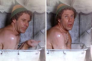 Will Ferrell as Buddy the Elf from the movie "Elf" in a bathtub, on a scene where he is taking a shower, with humorous expressions