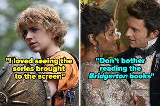 Left image: Young individual with curly hair, in medieval costume, quoting: 