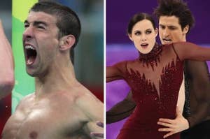 Michael Phelps celebrates passionately in a swimming pool and text that reads: "You watching your favorite Olympics moment live" with a white arrow points to Phelps