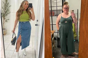Two women taking mirror selfies. The woman on the left wears a green top, denim skirt, and white boots. The woman on the right wears a green jumpsuit and glasses