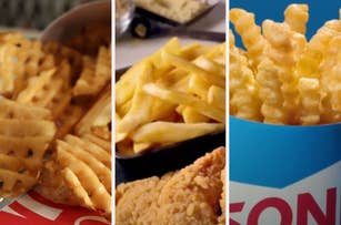 A collage of different types of fries includes waffle fries, regular fries with fried chicken, and crinkle-cut fries in a cup