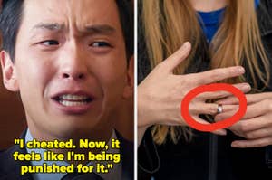 Man with a pained expression says, "I cheated. Now, it feels like I’m being punished for it;" woman's hand removing a wedding ring, circled in red