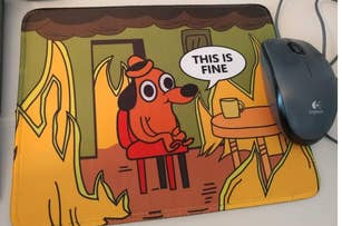 Mouse pad featuring a cartoon dog wearing a hat sitting in a burning room with a speech bubble saying "This is fine."