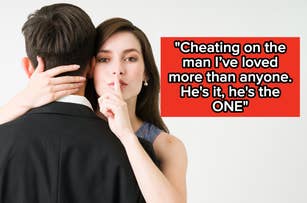 Woman in formal attire with a man, holding a finger to her lips. Text overlay says: "Cheating on the man I’ve loved more than anyone. He's it, he’s the ONE."