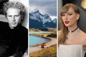 Art Garfunkel, a red van on a winding road near a mountain, and Taylor Swift in an off-shoulder dress with layered necklaces