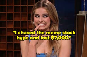 Addison Rae biting her finger with a caption that reads, "I chased the meme stock hype and lost $7,000."