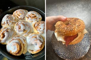 Cinnamon rolls with icing in a pan on the left, hand holding a bagel with cream cheese and smoked salmon on the right
