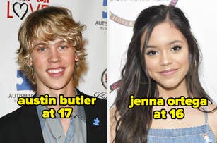 Austin Butler and Jenna Ortega at ages 17 and 16, respectively, both smiling and facing the camera