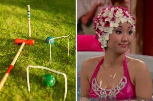 On the left, a croquet field setup, and on the right, Brenda Song in a sparkly bathing outfit and floral swim cap in a pool as London on The Suite Life of Zack and Cody