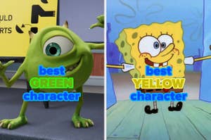 Mike Wazowski from Monsters, Inc. on the left with "best GREEN character" text, and SpongeBob SquarePants on the right with "best YELLOW character" text