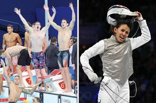 A split image showing swimmers, including Caeleb Dressel, celebrating a win, and fencer Lee Kiefer passionately cheering during an event