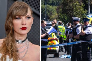 Taylor Swift in a close-up wearing a strapless gown and diamond necklace on the left; on the right, police at a crime scene with tape and emergency personnel