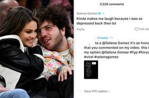 Selena Gomez and a bearded man sit together at an event. Beside them, a social media post from Selena Gomez is shown, discussing a past state of depression