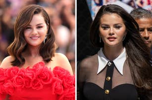 Selena Gomez on the red carpet in a floral gown (left) and at an event in a black dress with a white collar (right)