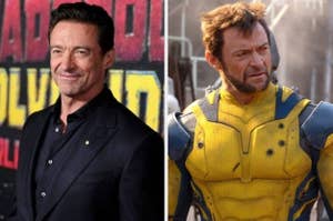 Hugh Jackman in a suit on the red carpet for "Deadpool & Wolverine" on the left and dressed as Wolverine on the right