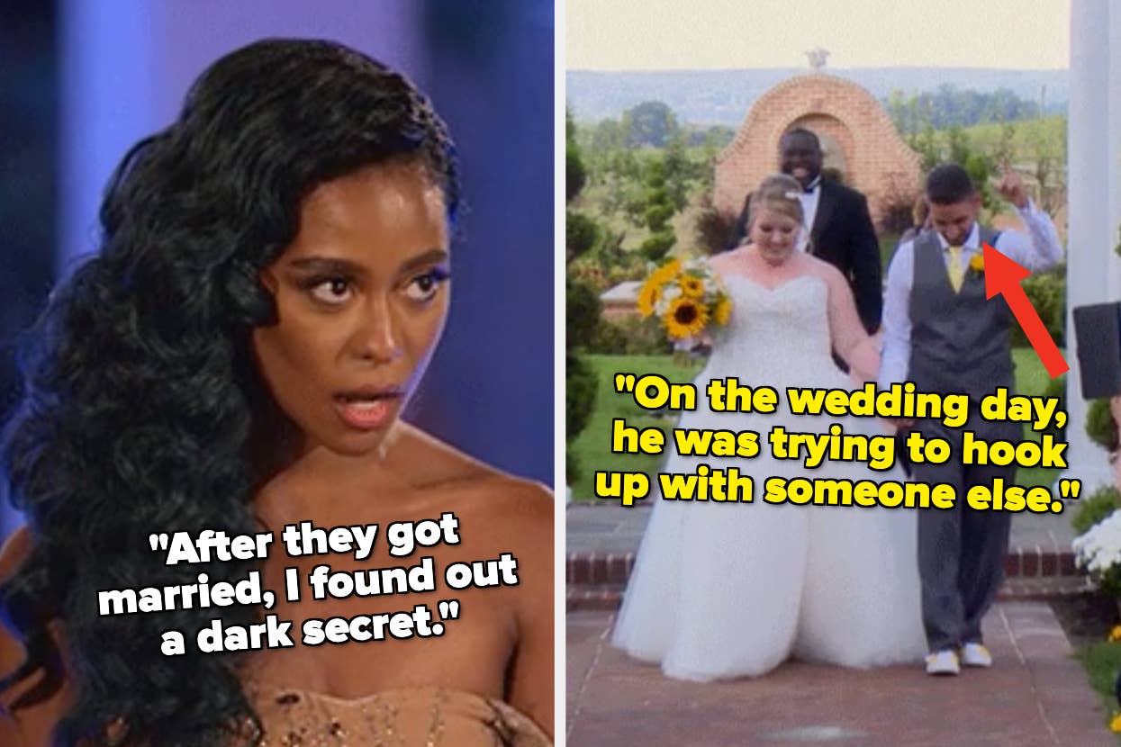 Left image shows a surprised Vanessa Simmons with text "After they got married, I found out a dark secret;" right image shows a wedding day scene with a couple; text states: "On the wedding day, he was trying to hook up with someone else"