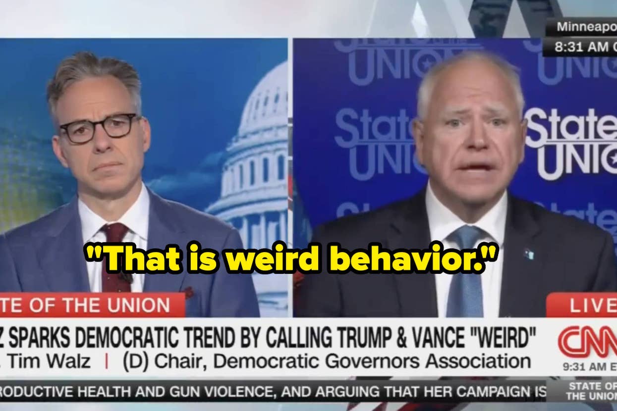 CNN news broadcast screenshot with Jake Tapper interviewing Tim Walz discussing Trump and Vance's behavior. Headline: "Walz Sparks Democratic Trend by Calling Trump & Vance 'Weird'."