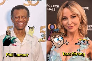 Phil LaMarr and Tara Strong smiling at separate events, Phil in a light shirt, and Tara in a floral dress on the red carpet