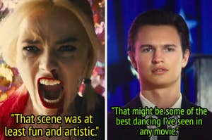 Margot Robbie as Harley Quinn screams with confetti in the background and Ansel Elgort in a suit looks serious