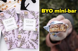 Perfume sachets labeled "Lavender" on the left and a hand holding a mini candy bar on the right with the text "BYO mini-bar"