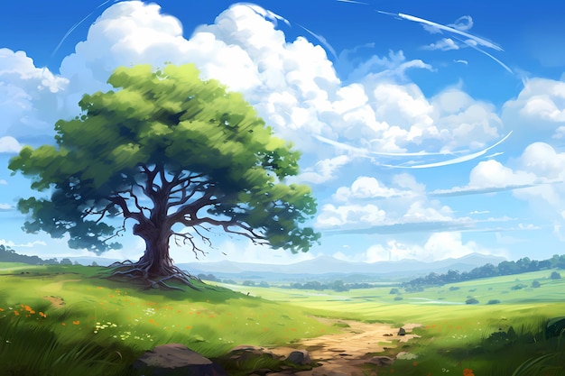 Anime tree in the middle of the field with clouds | Premium AI-generated  image