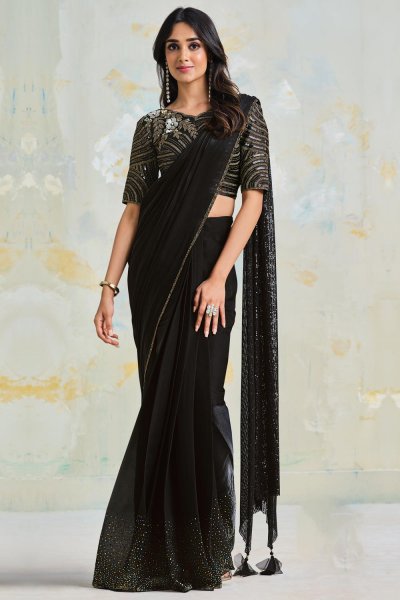 Pre-Draped  Black Satin-Silk Crepe Designer Saree