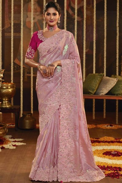 Mauvey Pink Silk Embroidered Border Saree