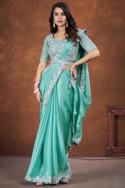 Pre draped Aqua Crepe Satin Silk Embroidered Saree With Belt