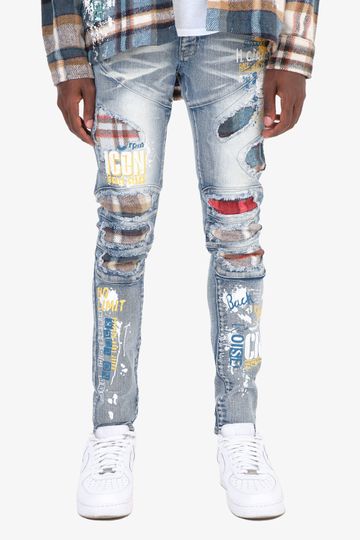 LIGHT SAND BLUE JEANS W/ PLAID RIP & REPAIR