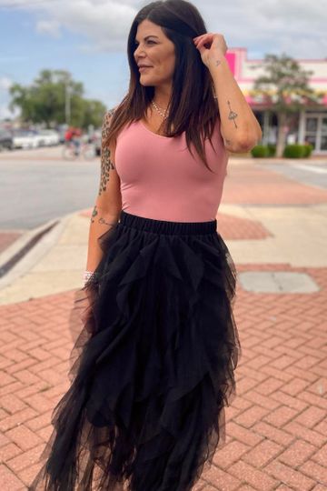 Black Mesh Ruffle Maxi Skirt