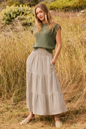 Chloe Smocked Maxi Skirt in Parchment/Black Windowpane