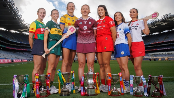 Áine Keane (Galway, C), pictured at the launch of the Very Camogie Leagues with (L-R): Eleanor Treacy (Carlow), Norette Casey (Kerry), Aine O'Loughlin (Clare), Molly Lynch (Cork), Lorraine Bray (Waterford), and Siobhan Donnelly (Tyrone)