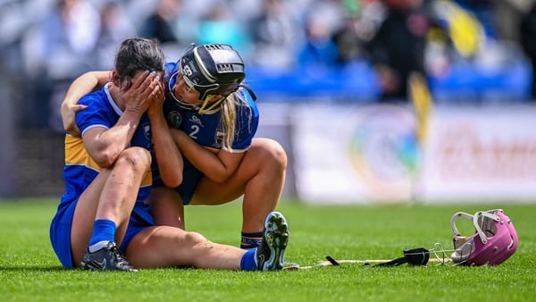 Tipperary players Ciannait Walsh, left, and Lisa Cahill react after last year's All-Ireland junior final defeat