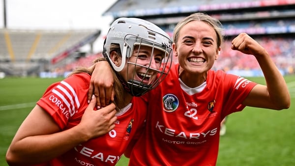 Cork players Olivia McAllen, left, and Orla Keating celebrate after their side's victory