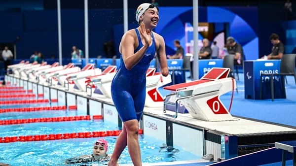 Ellen Keane waves to family and friends at La Defense Arena