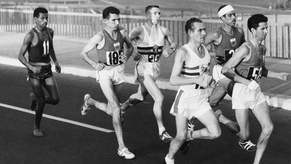 Ireland's Bertie Messitt leads the way during the marathon at the Rome Olympic Games in 1960 from Abebe Bikila, Allal Saoudi, Aurele Vandendriessche, Rhadi Ben Abdesselam and Arthur Keily. Photo: Hulton Archive/Getty Images