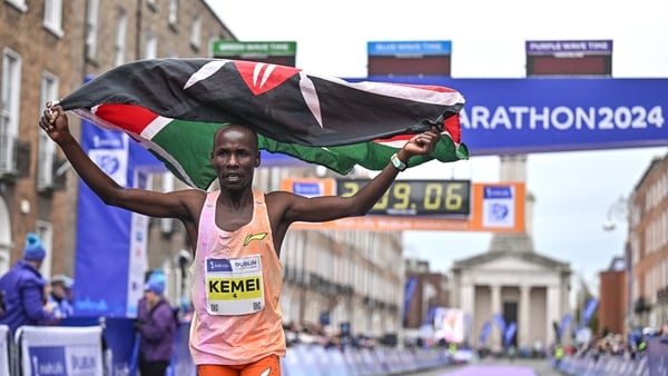 Kenya's Moses Kemei after crossing the line