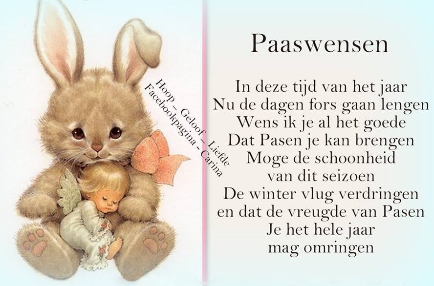 Een illustratie van een knuffelend konijn en engel naast een Paaswens