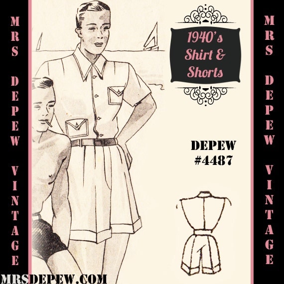 1940s Sewing Patterns – Dresses, Overalls, Lingerie etc 1940s Mens T-Shirt and Shorts in Any Size Depew 4487 - Plus Size Included -INSTANT DOWNLOAD- $9.50 AT vintagedancer.com