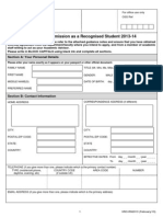 Application Form For Admission As A Recognised Student 2013-14